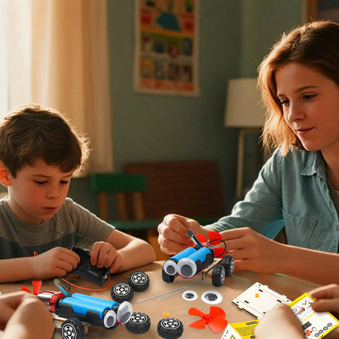 Mother and son assembling Wind Powered Cars Kit For Kids Ages 8 To 12, Six Wood Building Crafts Cars Set on a table.