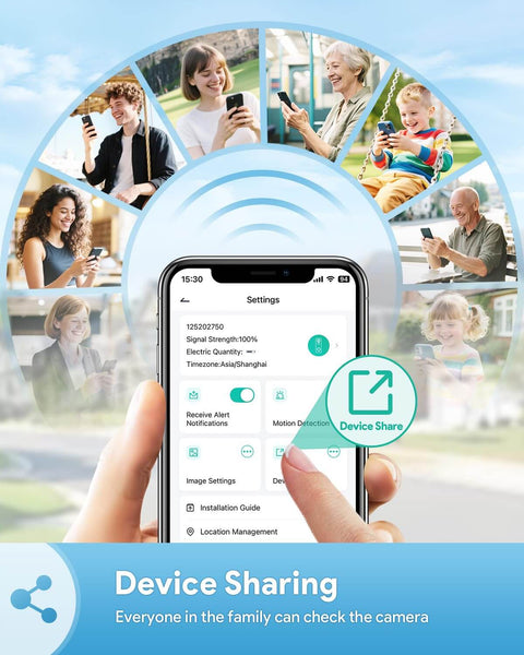 Wireless 2K HD Doorbell Camera With Ring Chime user interface displaying device sharing options on a smartphone screen.