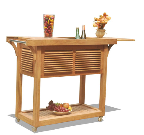 Solvang Teak Bar Cart With Extendable Beverage Tub And Locking Wheels for Outdoor Patio Entertaining, teak wood, sliding panels.