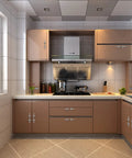 Modern kitchen interior with brown cabinets, stainless steel range hood, and tiled walls.
