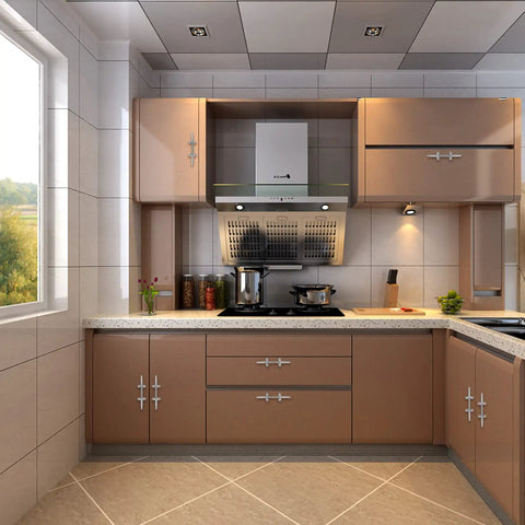 Modern kitchen interior with brown cabinets, stainless steel range hood, and tiled walls.