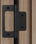 Solid Six Pack Bifold Cabinet Hinges In Sleek Black Iron Finish attached to wood, showcasing smooth 360 swivel and quiet close.