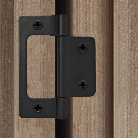 Solid Six Pack Bifold Cabinet Hinges In Sleek Black Iron Finish attached to wood, showcasing smooth 360 swivel and quiet close.