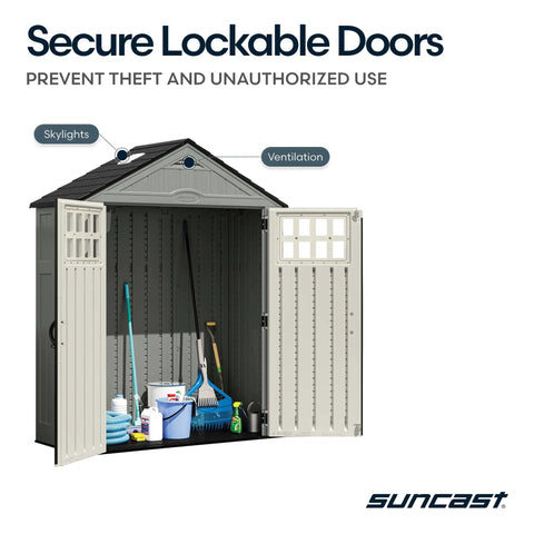Open Everett 6x3 Ft Vertical Storage Shed With Lockable Double Doors, showcasing interior storage in weatherproof resin.