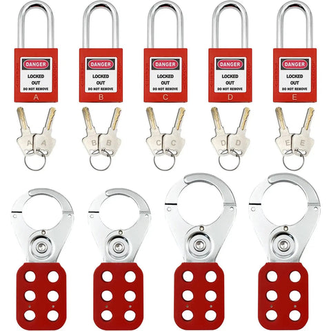 A Complete Lockout Tagout Kit For Electrical Panels With Clamp On Circuit Breaker Locks That Supports Group Lockout Hasps And Tags OSHA Compliant Includes Universal Multi Pole Breaker Lockout For Station Use In Bright Orange Box showing red padlocks, keys, and lockout hasps.