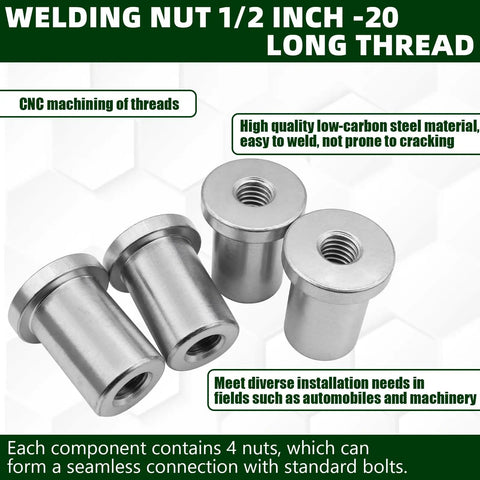 Heavy Duty Steel Weld Nuts 4 Pack Featuring 1/2-20 Thread And Extended Step Design For Chassis Fabrication And Diy Auto Builds That Demand Tough As Nails Grip And Zero Slack On Every Project, showing CNC machined threads.