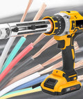 Eiwitany Electric Wire Stripping And Cutting Machine Adjustable Speed Copper Cable Cutter Tool Compact Portable Auto Peeler with wires in background.
