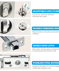 Recessed Pocket Door Lock with Two Sided Privacy Latch for Bathroom Bedroom Barn Doors, Invisible Sliding Door Hardware showcases adjustable lock cylinder, embedded design, double hook latch, stainless steel material.
