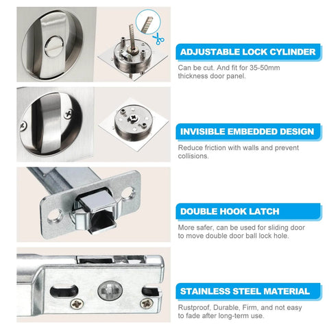 Recessed Pocket Door Lock with Two Sided Privacy Latch for Bathroom Bedroom Barn Doors, Invisible Sliding Door Hardware showcases adjustable lock cylinder, embedded design, double hook latch, stainless steel material.