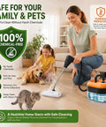 Woman using Jarguuo 1500W Handheld Steam Cleaner with child, dog, and cat on clean floor; safe for family and pets.