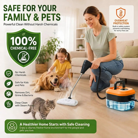 Woman using Jarguuo 1500W Handheld Steam Cleaner with child, dog, and cat on clean floor; safe for family and pets.