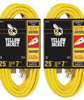 2-Pack Heavy-Duty 12/3 15-Amp SJTW Contractor Extension Cord With Lighted Ends, 25 Feet, Oil And Moisture Resistant Jacket, Rugged Outdoor Power Cable For Job Sites And DIY, with yellow jacket and lighted plug ends.