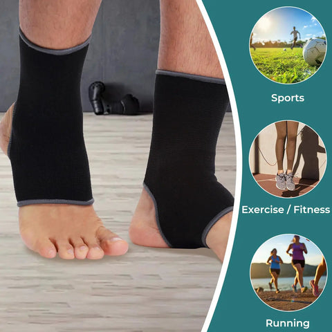 Person wearing Open Heel Ankle Support Sleeve with Light Breathable Knit Fabric, Black, Size M, showing right and left feet.