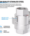 304 stainless steel component with corrosion resistance, part of Heavy Duty One Half Inch FNPT Three Piece Ball Valve for industrial piping.