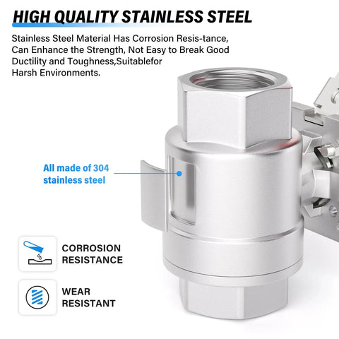 304 stainless steel component with corrosion resistance, part of Heavy Duty One Half Inch FNPT Three Piece Ball Valve for industrial piping.