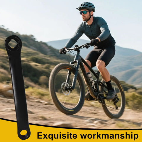 152mm Left Crank Arm Replacement For Diamond Hole Bicycles 13mm Hole Diameter Durable Black Anodized Build For Electric Folding Hybrid And City Bikes Plug And Play Install And High Compatibility shown next to a cyclist riding a mountain bike.