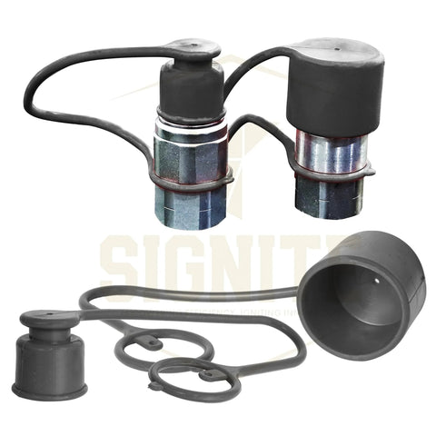 Two black ISO 16028 hydraulic quick-disconnect dust caps and plug covers for flat-face skid-steer couplers.