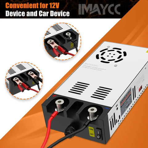Beefy 110V To 12V DC Power Converter for Diesel Heaters up to 600W 50A peak, showing copper clamps and power switch