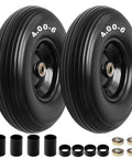 Two black no flat 13 inch 4.00-6 wheelbarrow tires and wheels 2 pack with bearings and hub for hand trucks and trailers.