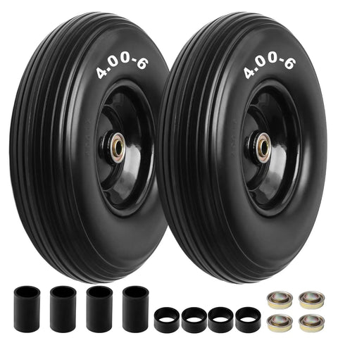 Two black no flat 13 inch 4.00-6 wheelbarrow tires and wheels 2 pack with bearings and hub for hand trucks and trailers.