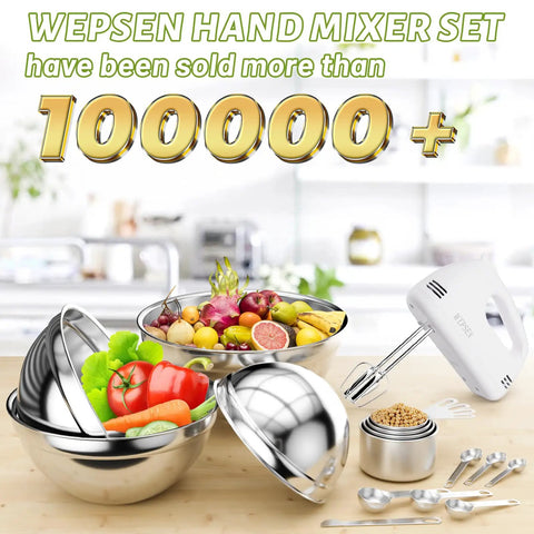 Top Shelf 5 Speed Electric Hand Mixer Paired With Four Nesting Stainless Steel Mixing Bowls And Measuring Cups In A Slick 200W Kitchen Baking Starter Kit That Knocks Out Any Dough Job Easily with vegetables and fruits.