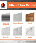 Chart showing different base materials: steel and aluminum, gypsum boards, wood, ceramic, concrete, and marble.