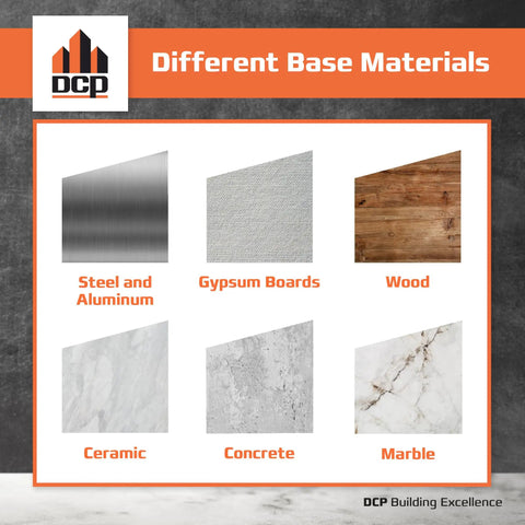 Chart showing different base materials: steel and aluminum, gypsum boards, wood, ceramic, concrete, and marble.