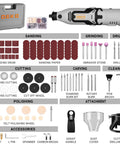 Do It All Rotary Tool Kit With 1.4 Amp Motor And 8000 To 35000 RPM Six Speed Control 127 Piece Accessory Set displayed with attachments.