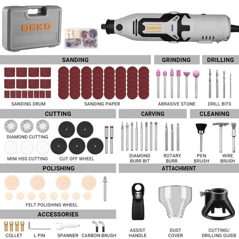 Do It All Rotary Tool Kit With 1.4 Amp Motor And 8000 To 35000 RPM Six Speed Control 127 Piece Accessory Set displayed with attachments.