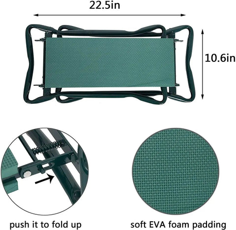 Top view of All In One Garden Stool And Kneeler With Tool Bags Portable Bench And Kneeling Pad Durable Outdoor Work Seat in green.
