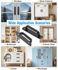 Sliding barn door handle in black aluminum alloy, shown in various indoor applications: window, shoe cabinet, bookcase, French door, locker, wardrobe.