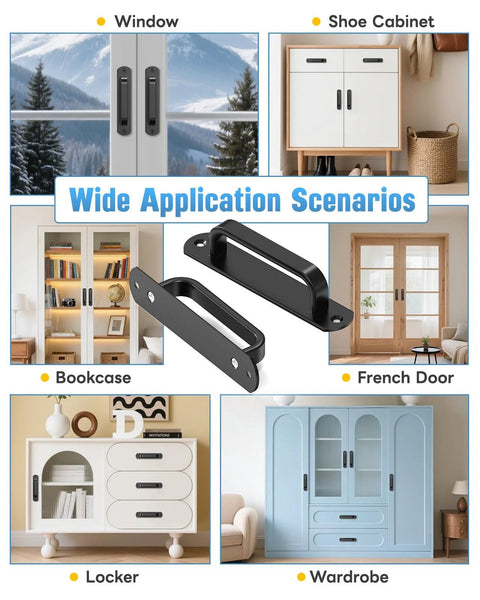 Sliding barn door handle in black aluminum alloy, shown in various indoor applications: window, shoe cabinet, bookcase, French door, locker, wardrobe.
