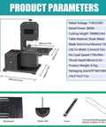 Hardcore Mini Band Saw Featuring Knockout 800W Pure Copper Motor 70Mm Cut Height 90Mm Throat With Tilted Metal Table For Smooth Wood And Foam Projects Right In Your Shop, displaying dimensions and features.