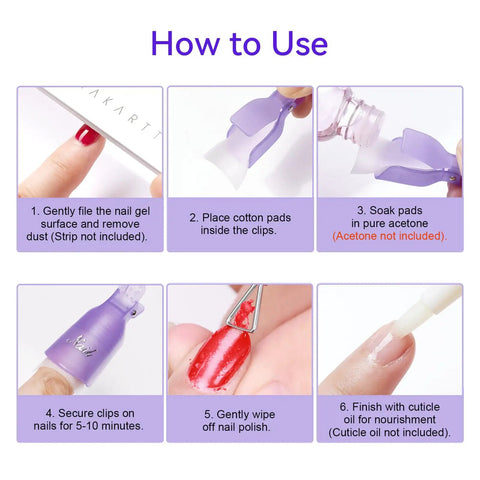 Instructions showing 20 Piece Nail Remover Clips Kit For Fingers And Toes Reusable Gel Soak Off Clips With Double Ended Cuticle Pusher