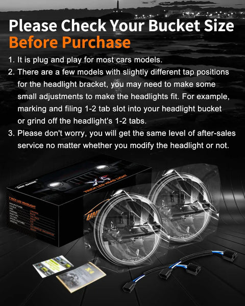 2 Pack 7 Inch LED Headlights For Jeep Wrangler Chevy And Miata DOT Approved Hi Lo Beam Plug And Play product box with accessories
