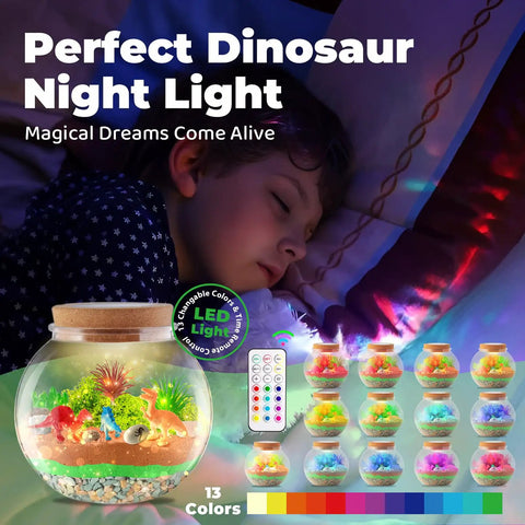 Awesome Dinosaur Light Up Terrarium Kit For Kids With Led Night Light And Remote DIY craft kit with jar, dinosaurs, pebbles, and 13-color remote LED