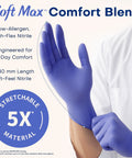 Large Powder Free Latex Free Nitrile Exam Gloves Legit Top Grade Comfort And Snap Tight Grip For Clinical Work Or Daily Tasks With Solid Tactile Feedback And No Sweat Easy Removal, shown being worn on hand.
