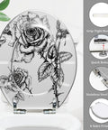 Elongated Toilet Seat Quiet Close for Bathroom with rose design, grip-tight bumpers, and stainless steel hinges.