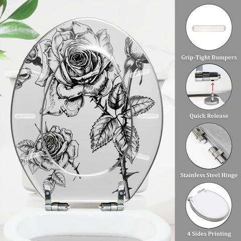 Elongated Toilet Seat Quiet Close for Bathroom with rose design, grip-tight bumpers, and stainless steel hinges.