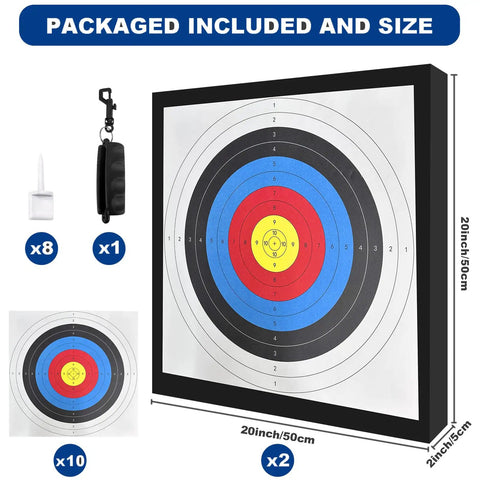 High Density EVA 20 Inch Archery Target Set with 10 target papers, 8 target pins, arrow puller, and dimensions