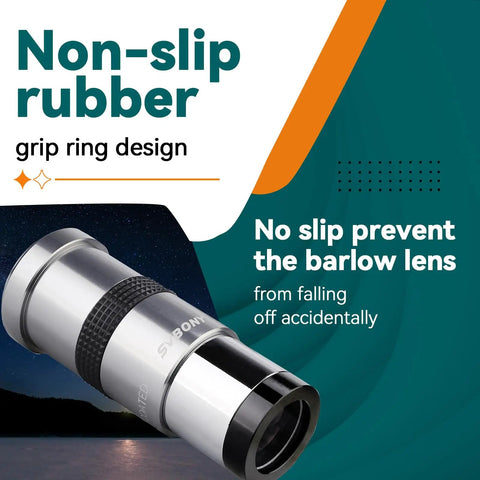 3X Barlow Lens For 1.25 Inch Telescopes with non-slip rubber grip, metal body, shown against starry sky backdrop.