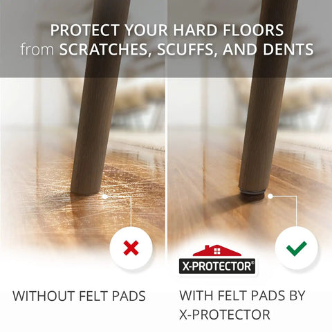 Comparison of chair leg on hardwood floor with and without Screw On Felt Furniture Pads 24 Pack For Chair Legs 0.8 Inch Brown Floor Protectors For Hardwood Floors Premium Glides That Keep Your Floors Scratch Free And Moving Smoothly