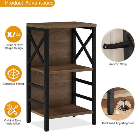 Three Tier Industrial Bookcase With Metal Frame And Backboard In Rustic Brown, featuring anti-tip strap and adjustable feet.