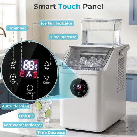 Top Tier Countertop Ice Cube Maker Delivers Legit Square Ice In Mere Minutes While Pulling 26 Pounds Per Day with smart touch panel.