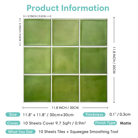 Green 3D Peel And Stick Tile Backsplash Squares 11.8x11.8 Inches Ultralight PVC, Waterproof, DIY friendly, size and product details