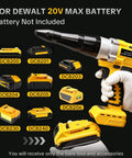 Heavy Duty Brushless Cordless Rivet Gun Tool Compatible With Dewalt 20V Max Battery shown with compatible batteries and user hand.