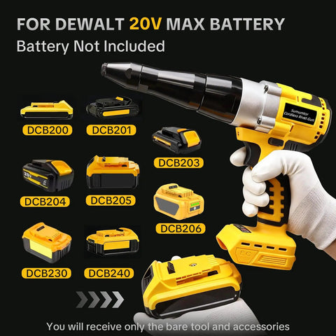 Heavy Duty Brushless Cordless Rivet Gun Tool Compatible With Dewalt 20V Max Battery shown with compatible batteries and user hand.