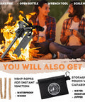 Go-To Survival Fire Starter Kit With Flint And Steel 4 Inch Magnesium Ferro Rod Waxed Hemp Rope Waterproof Storage Pouch And Carabiner Campfire Gear For Camping And Emergency Prep Stocking Stuffers For Men with tools and pouch in front of campfire scene