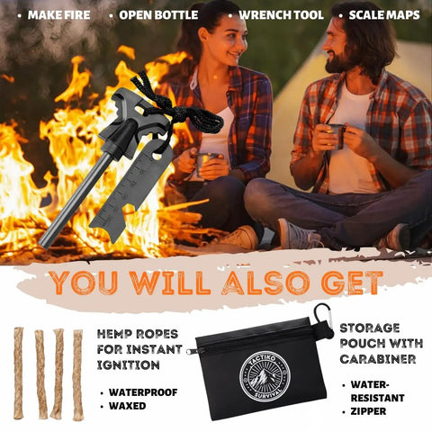 Go-To Survival Fire Starter Kit With Flint And Steel 4 Inch Magnesium Ferro Rod Waxed Hemp Rope Waterproof Storage Pouch And Carabiner Campfire Gear For Camping And Emergency Prep Stocking Stuffers For Men with tools and pouch in front of campfire scene