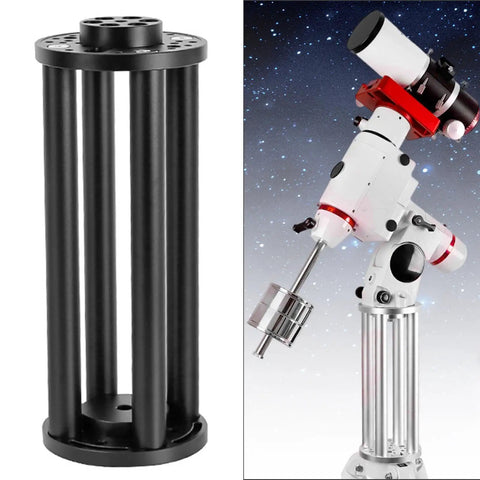 Equatorial Telescope Mount Extension Pole 300mm Metal Riser For EQ5 Mounts in black shown with telescope setup outdoors.